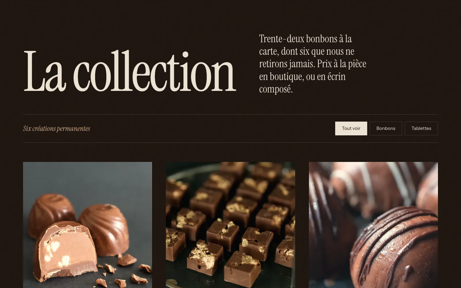 Vue « La collection » de la refonte de Maison Vernelle, entreprise fictive (chocolatier artisan, Vevey)