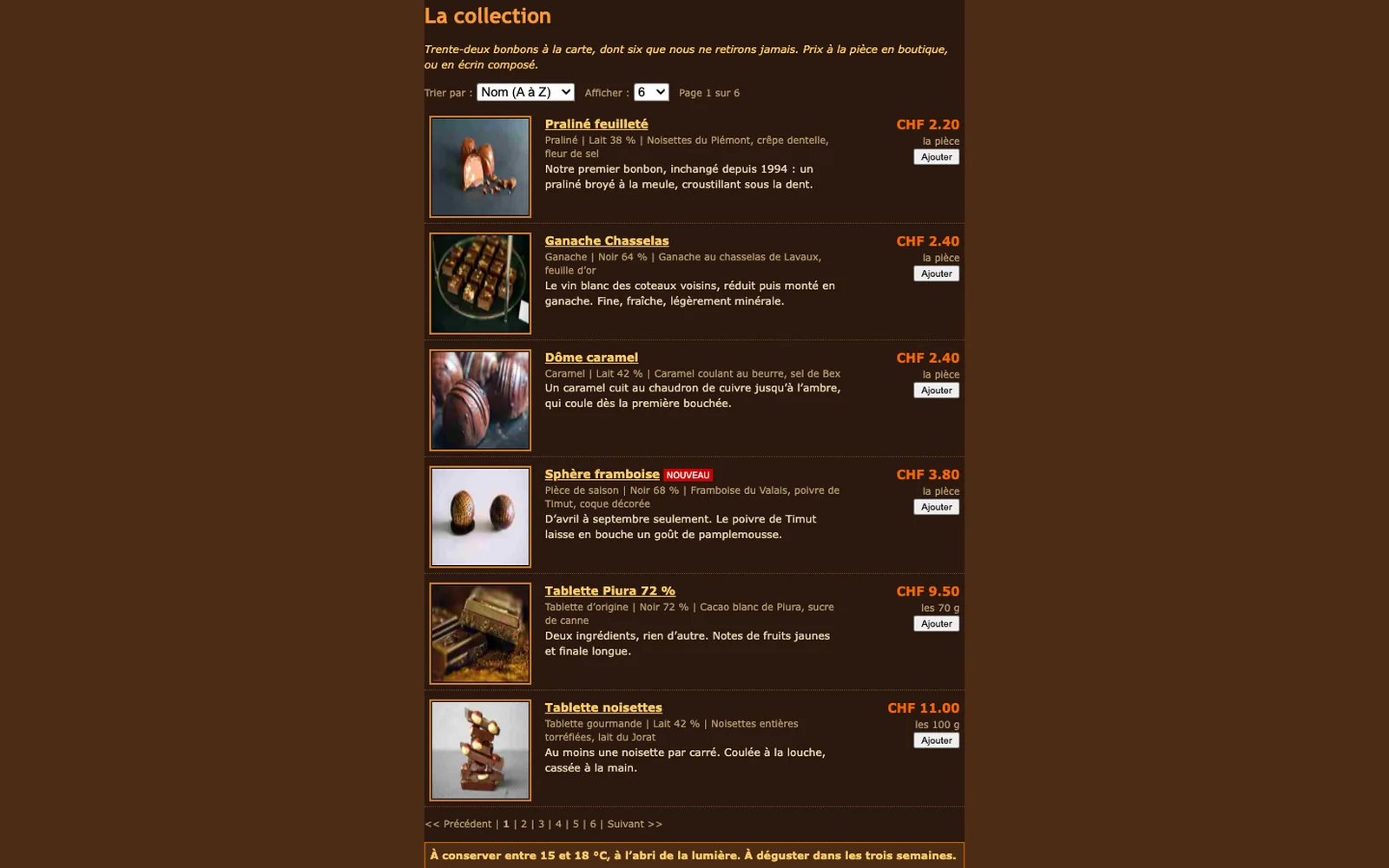 Vue « La collection » du site d'origine inventé pour Maison Vernelle, entreprise fictive (chocolatier artisan, Vevey)