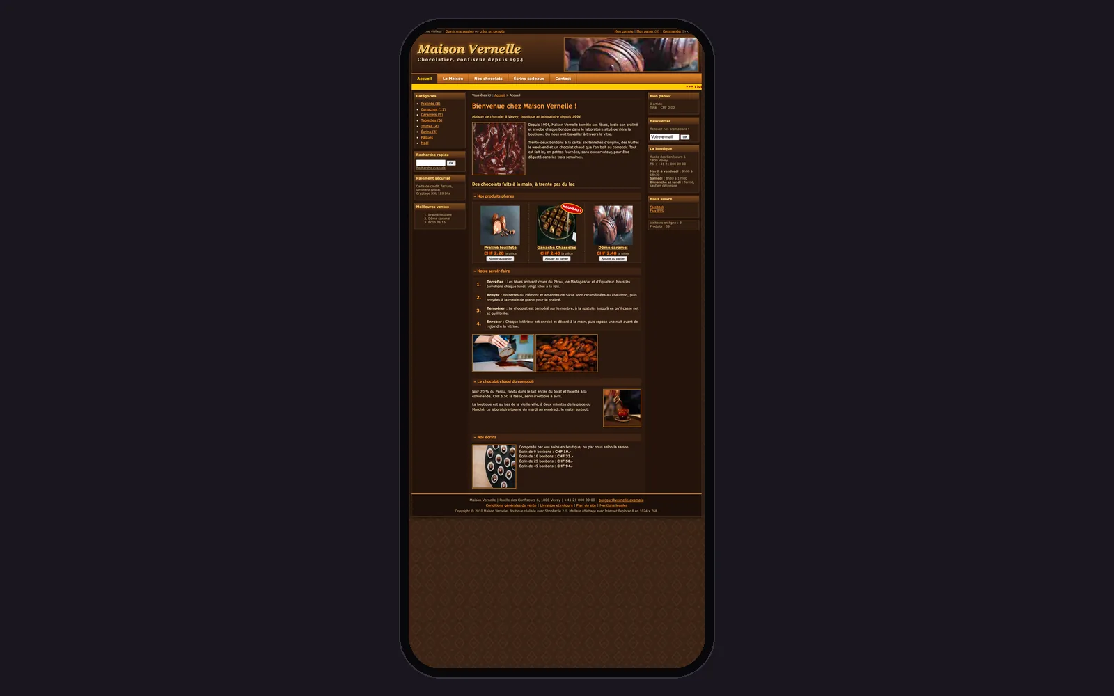 Vue « Accueil sur téléphone » du site d'origine inventé pour Maison Vernelle, entreprise fictive (chocolatier artisan, Vevey), dans un cadre de téléphone