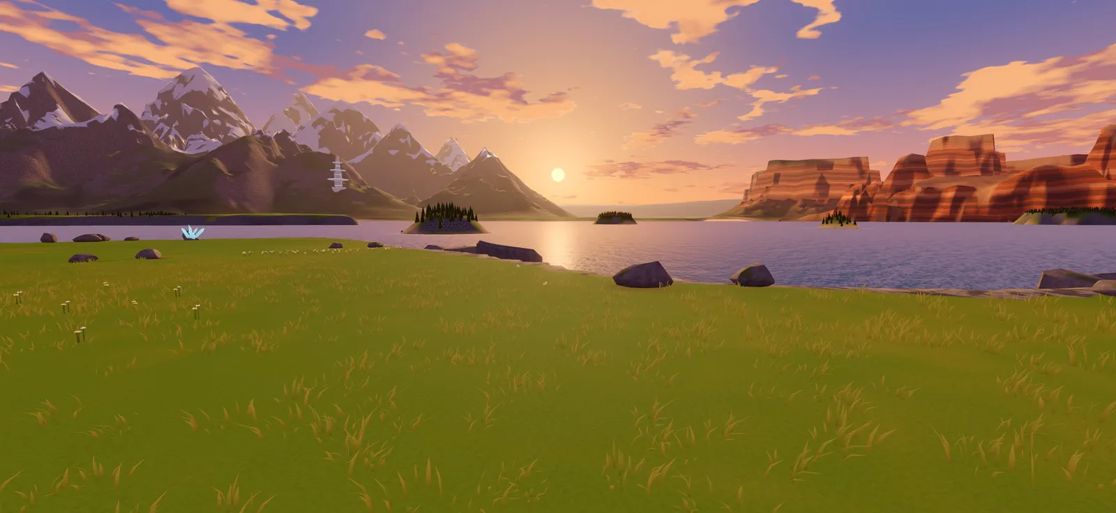 Le plateau du jeu au coucher du soleil : falaises, cristaux et une tour au loin