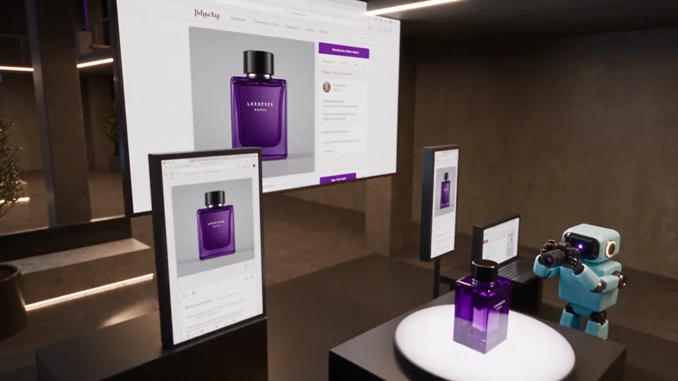 L'atrium MadeByAura : un poste de l'espace, écrans et lumière violette