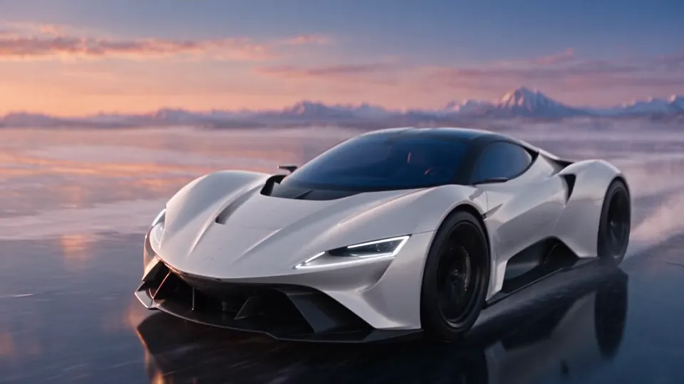 Rendu final du film Supercar Atacama : une supercar blanche sur une plaine de glace