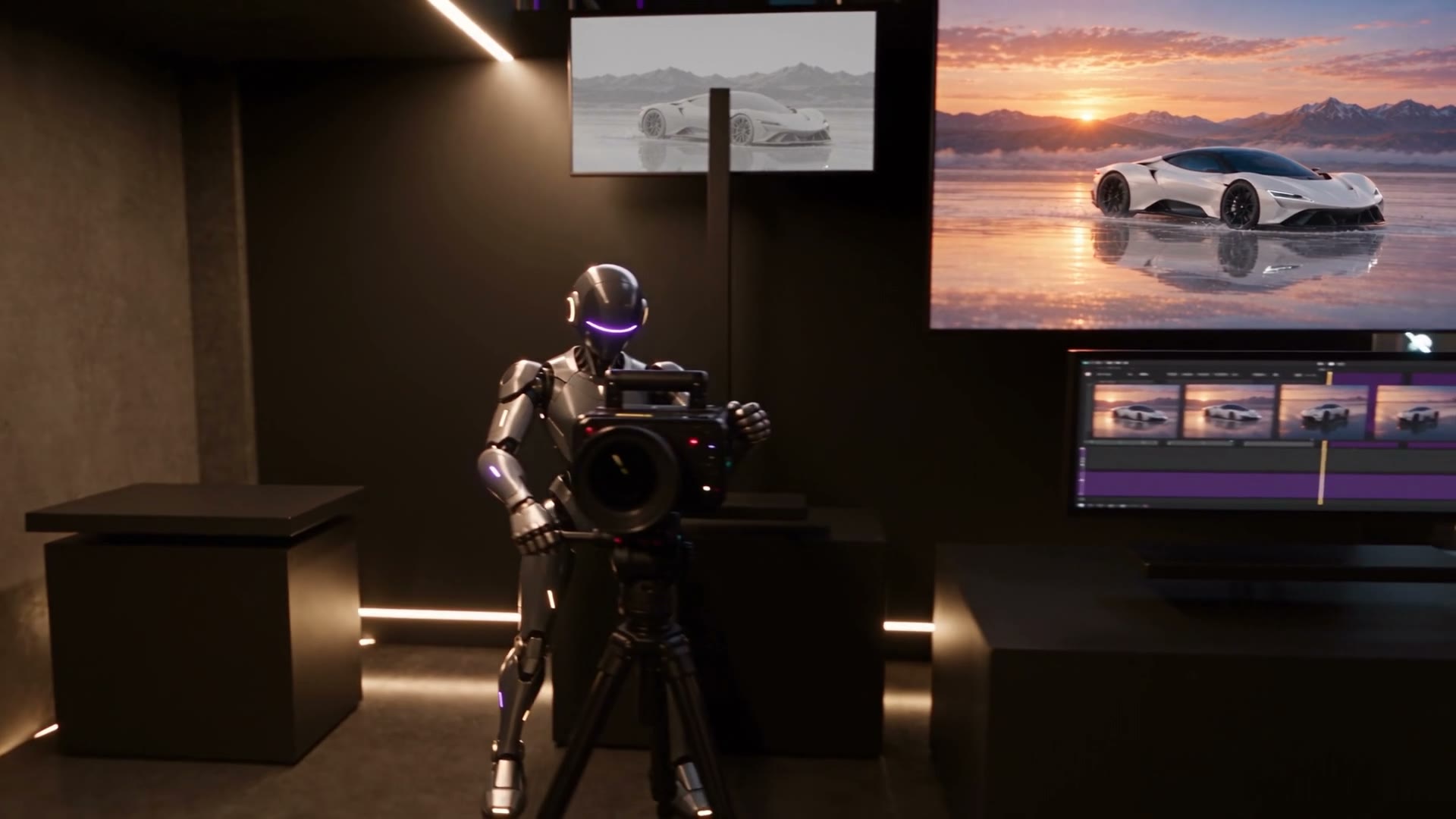 Robot opérant une caméra devant les écrans avant et après de Supercar Atacama